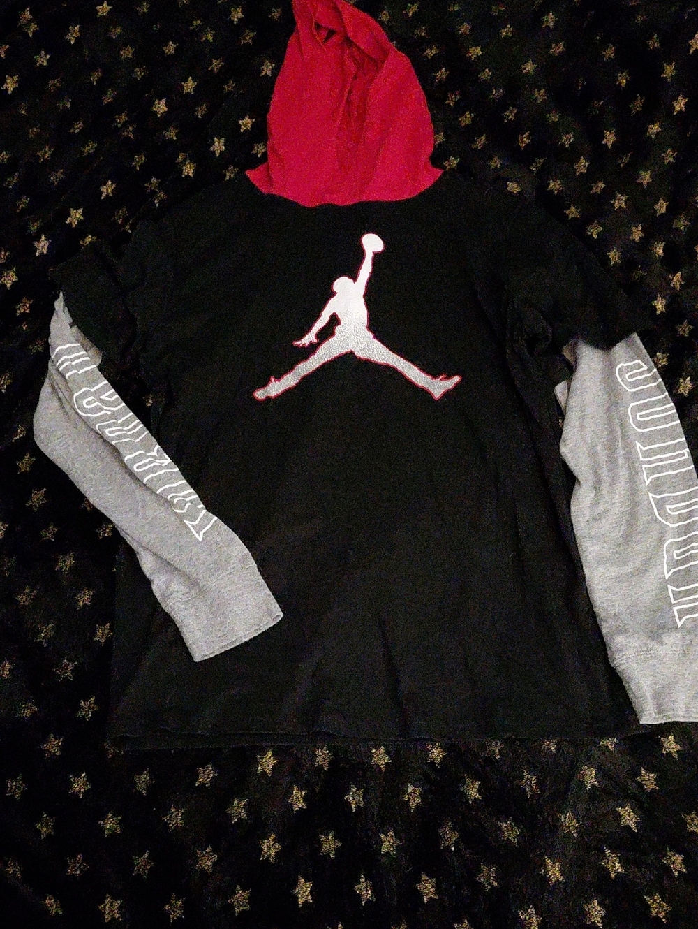 Jordan Black Hoodie Tee with Red Hood and Gray Sleeves